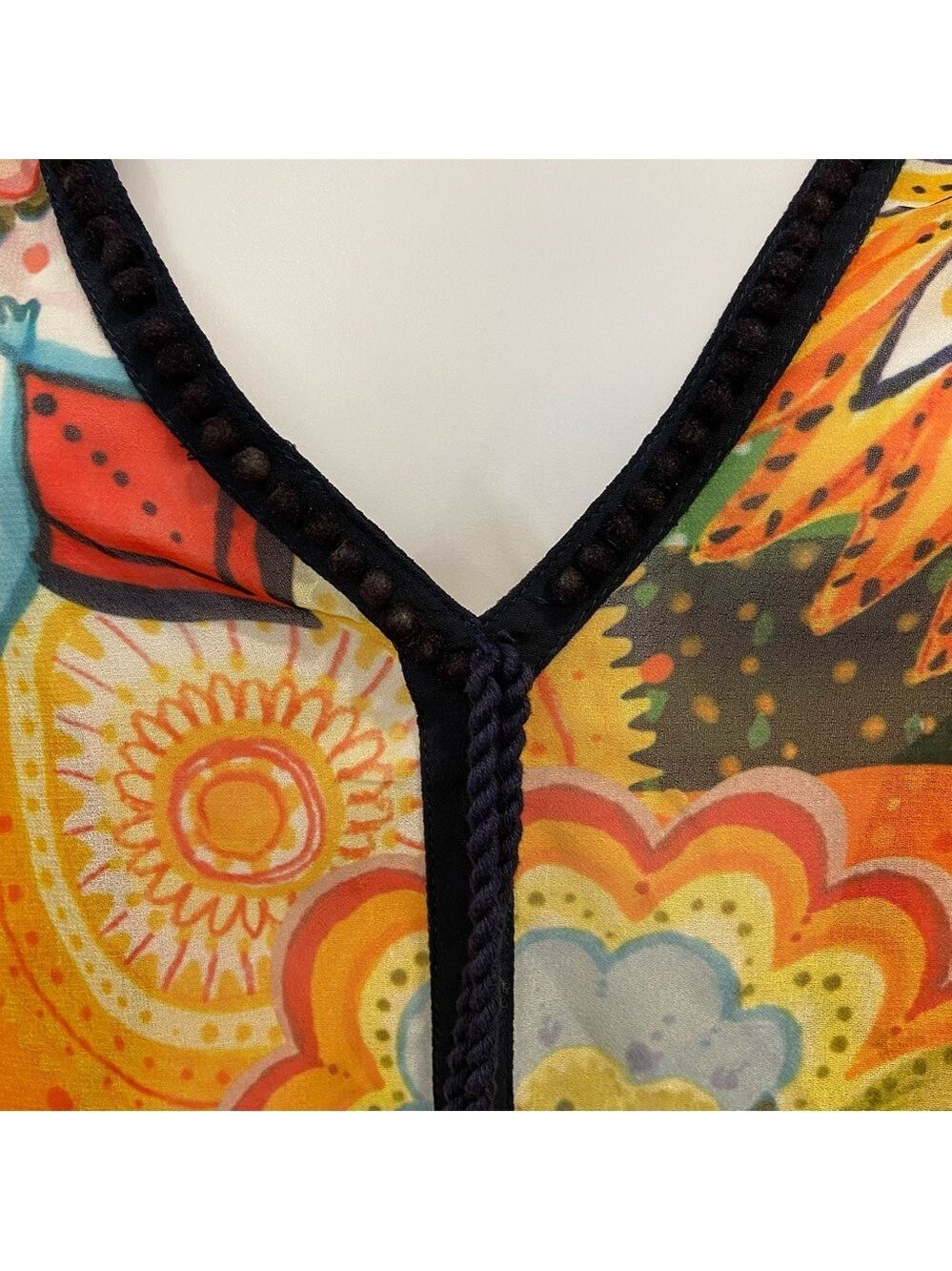 Desigual sheer festive top 3/4 sleeves floral Pom Pom V neckline orange yellow - Picture 12 of 16